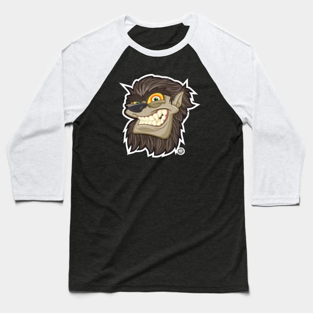 Halloween Wolfman Head Shot Smiling Baseball T-Shirt by Goin Ape Studios